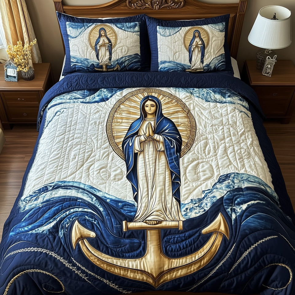 Stella Maris Great Anchor on the Swirling Sea quilted bedding set, quilt and two pillow shams on a made bed