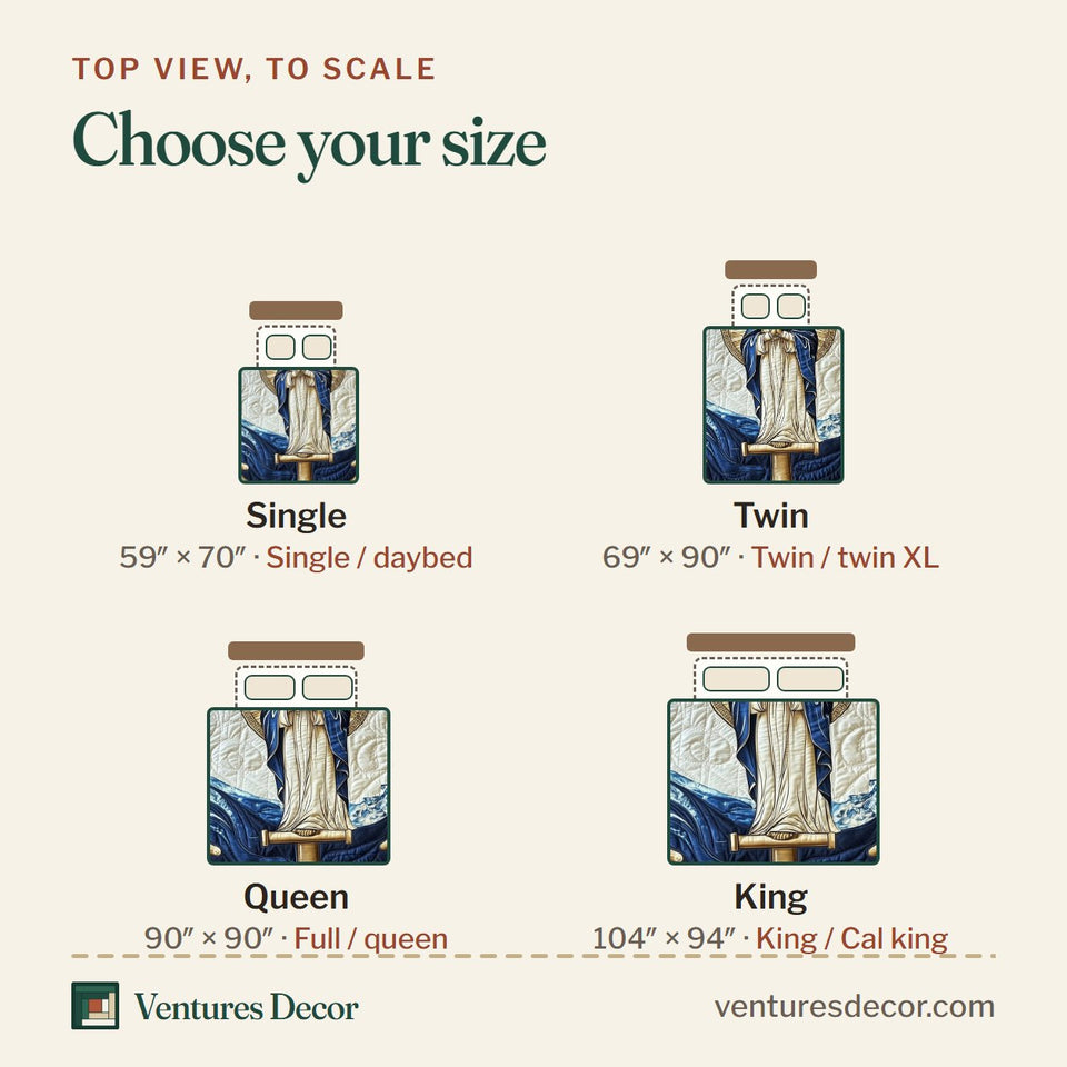 Size guide for the Stella Maris Great Anchor on the Swirling Sea quilt, top view to scale: Single 59 x 70 in, Twin 69 x 90 in, Queen 90 x 90 in, King 104 x 94 in
