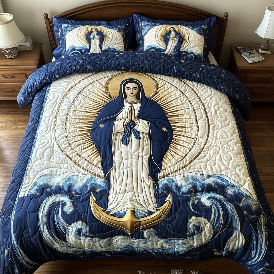 Stella Maris Halo Circle Wave Border quilted bedding set, quilt and two pillow shams on a made bed