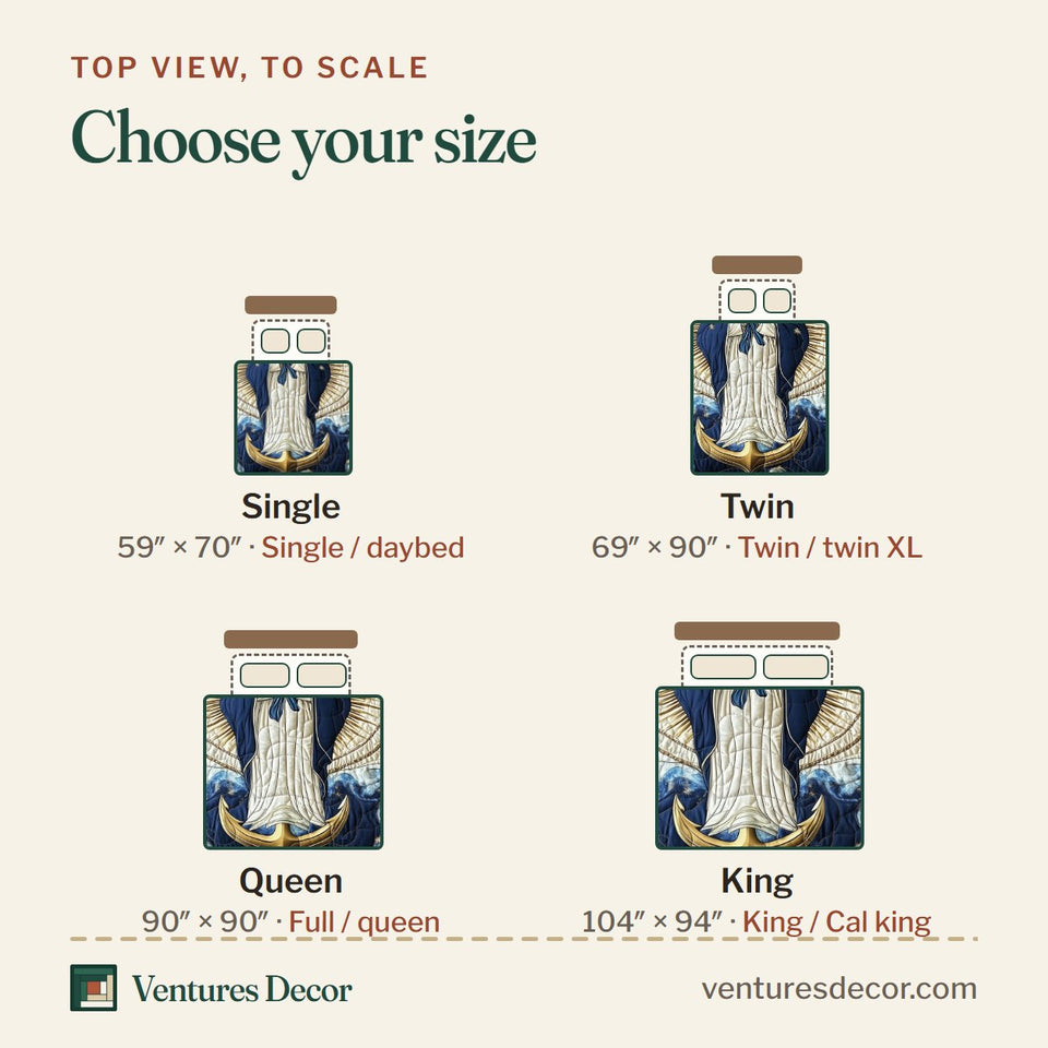 Size guide for the Stella Maris Halo Circle Wave Border quilt, top view to scale: Single 59 x 70 in, Twin 69 x 90 in, Queen 90 x 90 in, King 104 x 94 in