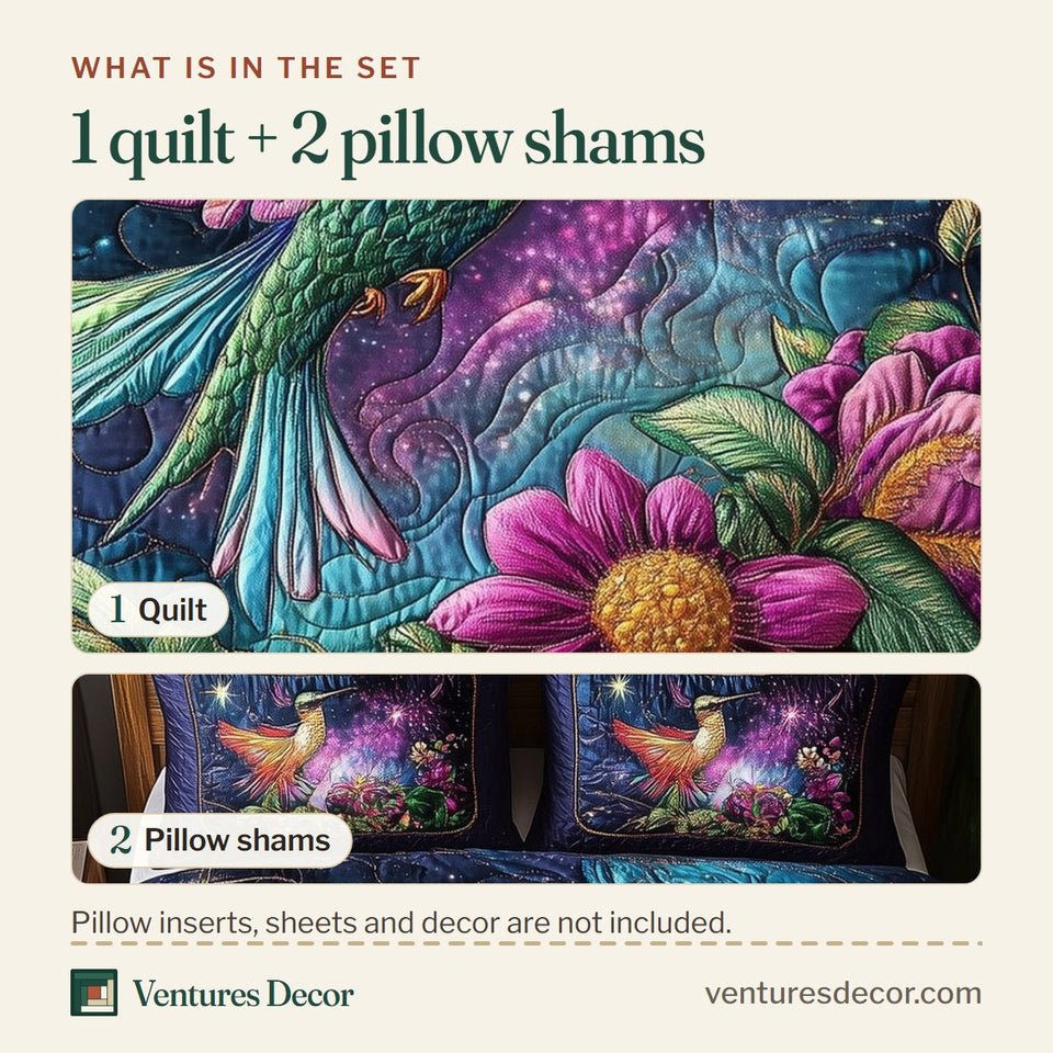 What is in the set: one quilt and two pillow shams, shown in the Stellar Hummingbird design