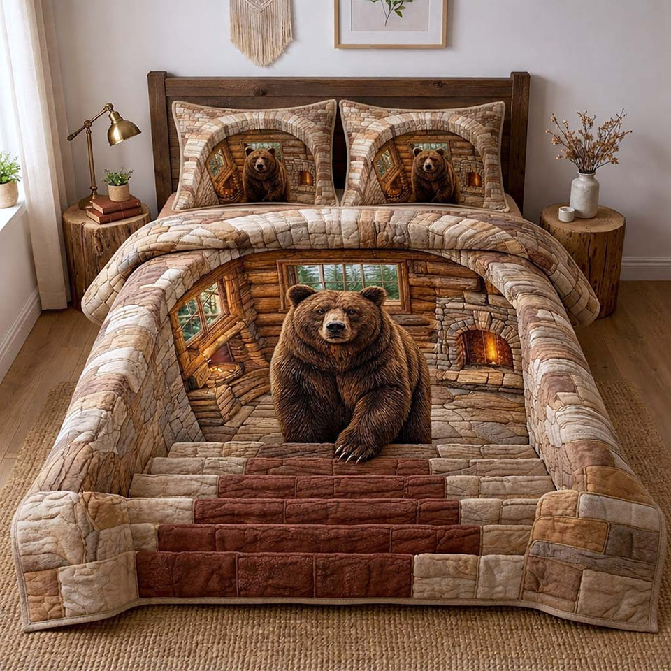 Stone Bear quilted bedding set, quilt and two pillow shams on a made bed