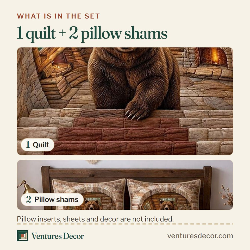 What is in the set: one quilt and two pillow shams, shown in the Stone Bear design