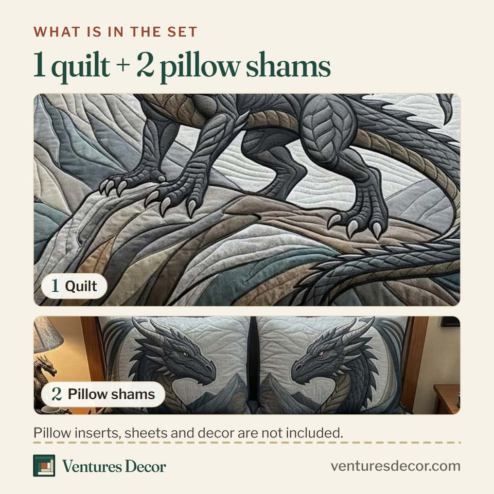 What is in the set: one quilt and two pillow shams, shown in the Stone Ridge Dragon design