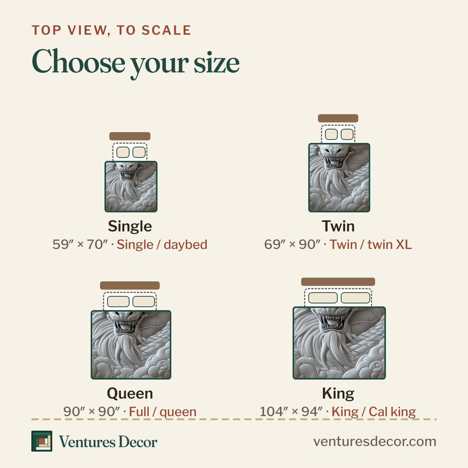 Size guide for the Storm Cloud Dragon Wyrm quilt, top view to scale: Single 59 x 70 in, Twin 69 x 90 in, Queen 90 x 90 in, King 104 x 94 in