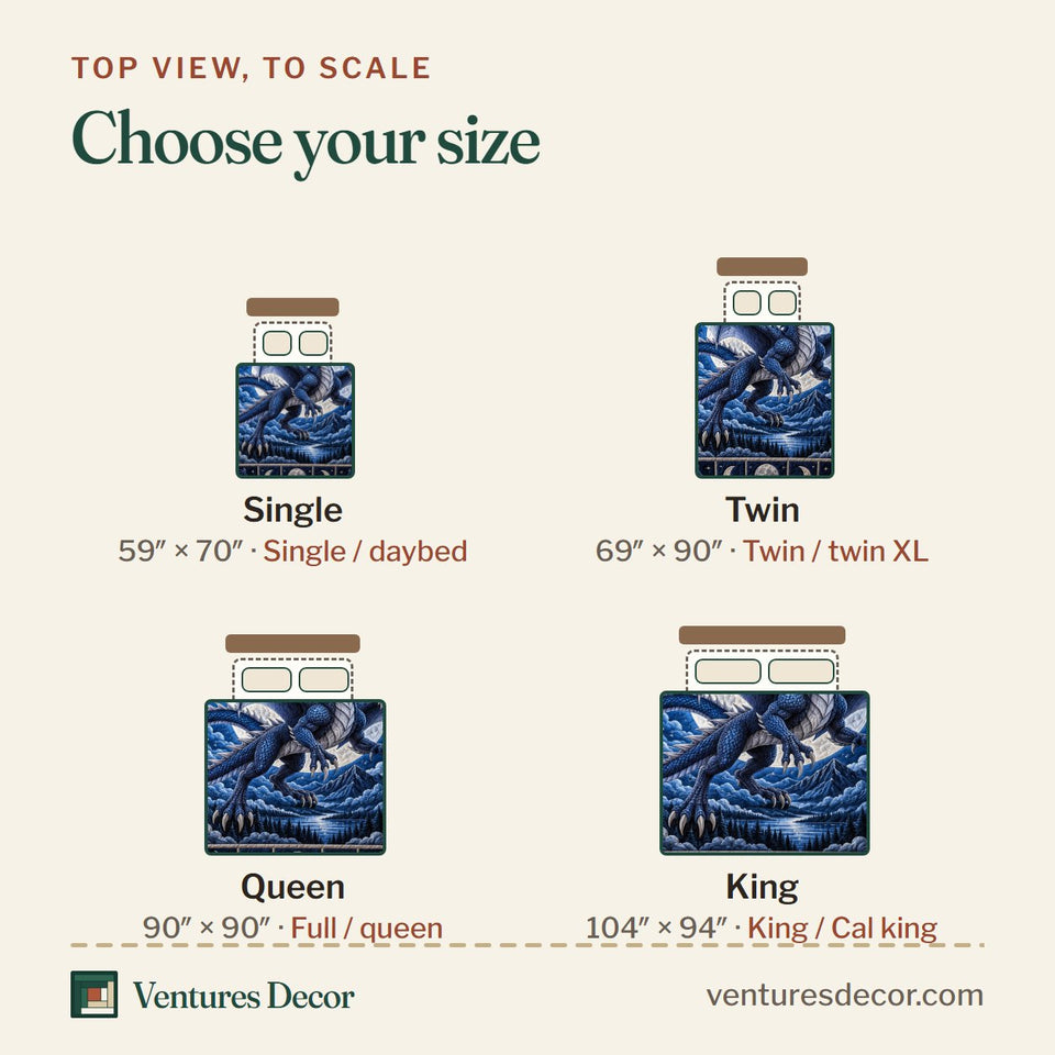 Size guide for the Storm Dragon quilt, top view to scale: Single 59 x 70 in, Twin 69 x 90 in, Queen 90 x 90 in, King 104 x 94 in