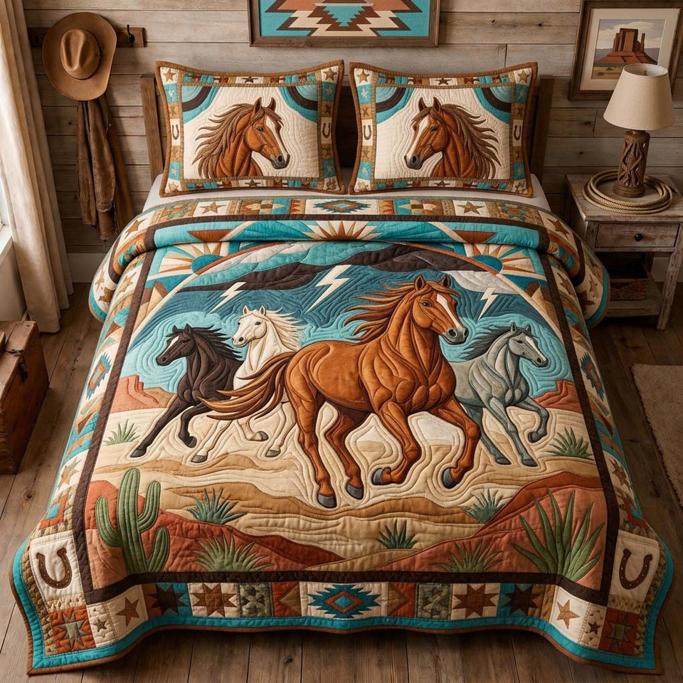Storm Rider Horses quilted bedding set, quilt and two pillow shams on a made bed