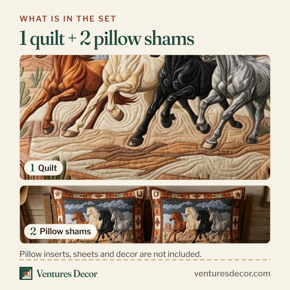 What is in the set: one quilt and two pillow shams, shown in the Storm Wild Horses design