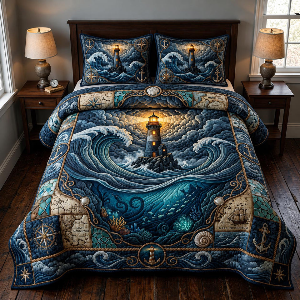 Stormlight Beacon Waves quilted bedding set, quilt and two pillow shams on a made bed
