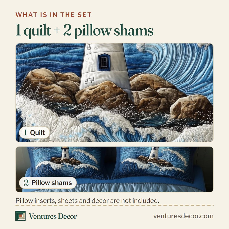 What is in the set: one quilt and two pillow shams, shown in the Stormy Lighthouse Watch design