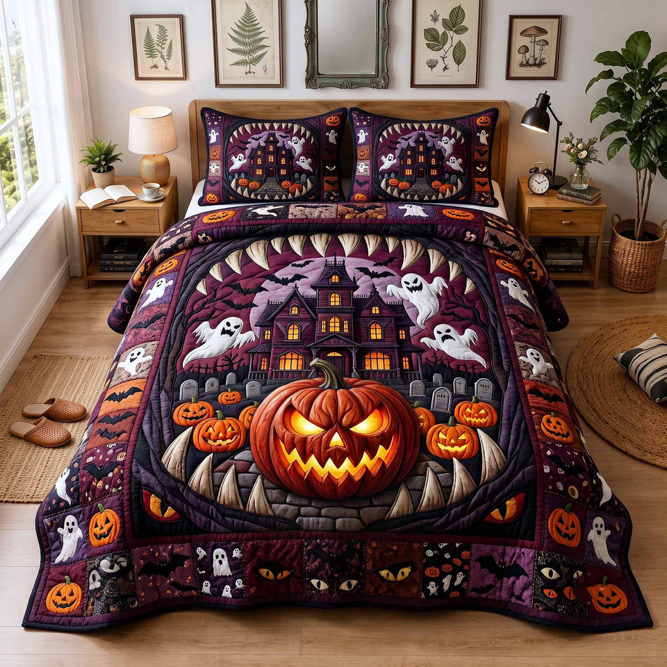 Strange Haunts Purple House Ghost Row quilted bedding set, quilt and two pillow shams on a made bed