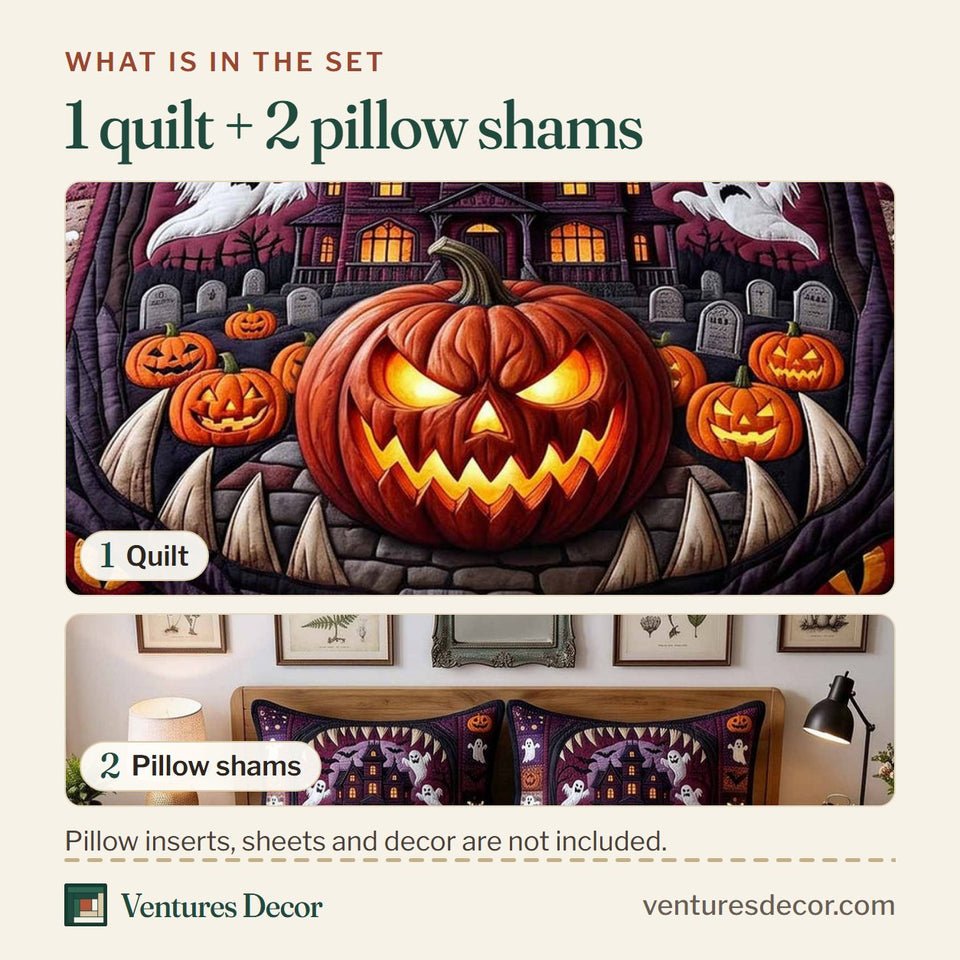 What is in the set: one quilt and two pillow shams, shown in the Strange Haunts Purple House Ghost Row design