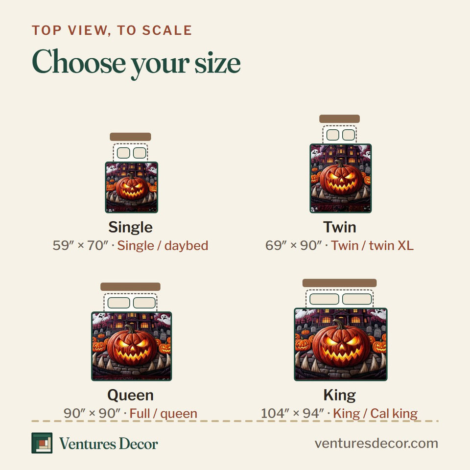 Size guide for the Strange Haunts Purple House Ghost Row quilt, top view to scale: Single 59 x 70 in, Twin 69 x 90 in, Queen 90 x 90 in, King 104 x 94 in