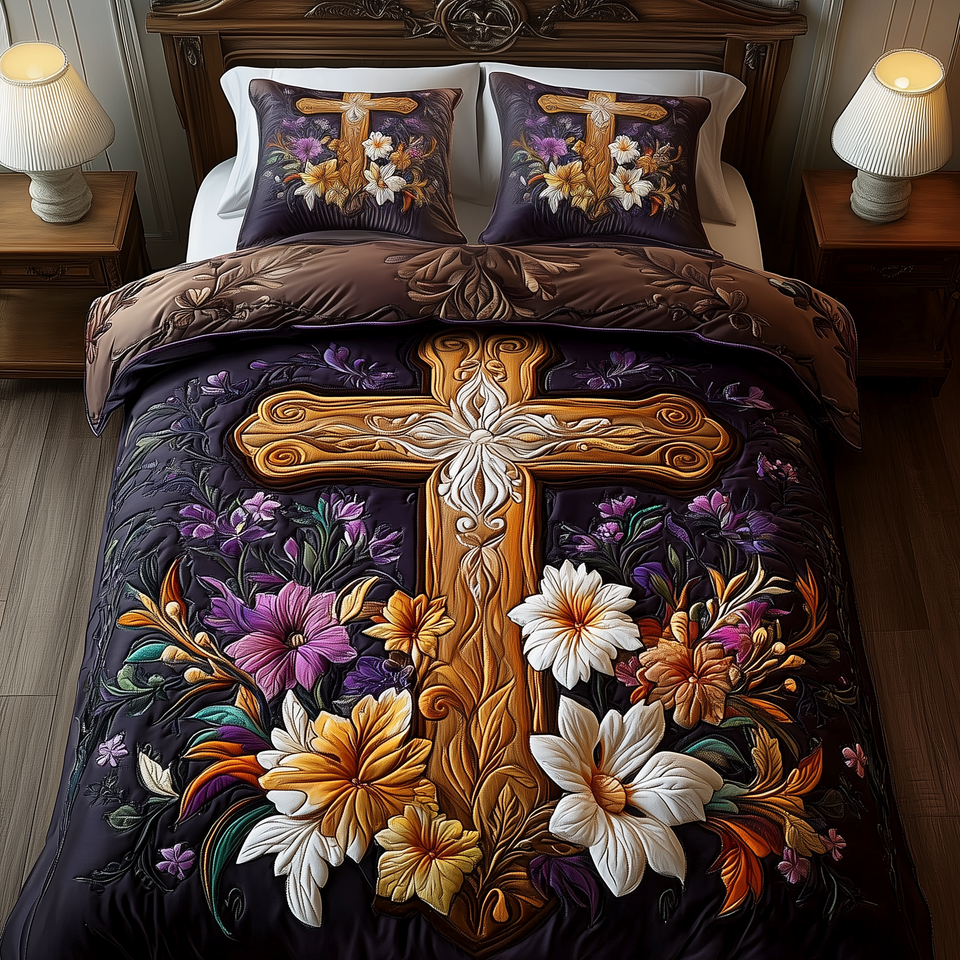 Stunning Cross quilted bedding set, quilt and two pillow shams on a made bed