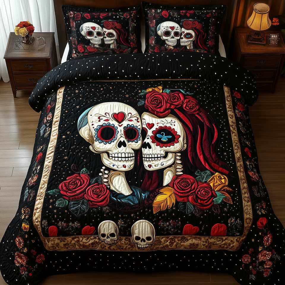 Sugar Skull Couple Gold Trim Red Roses quilted bedding set, quilt and two pillow shams on a made bed
