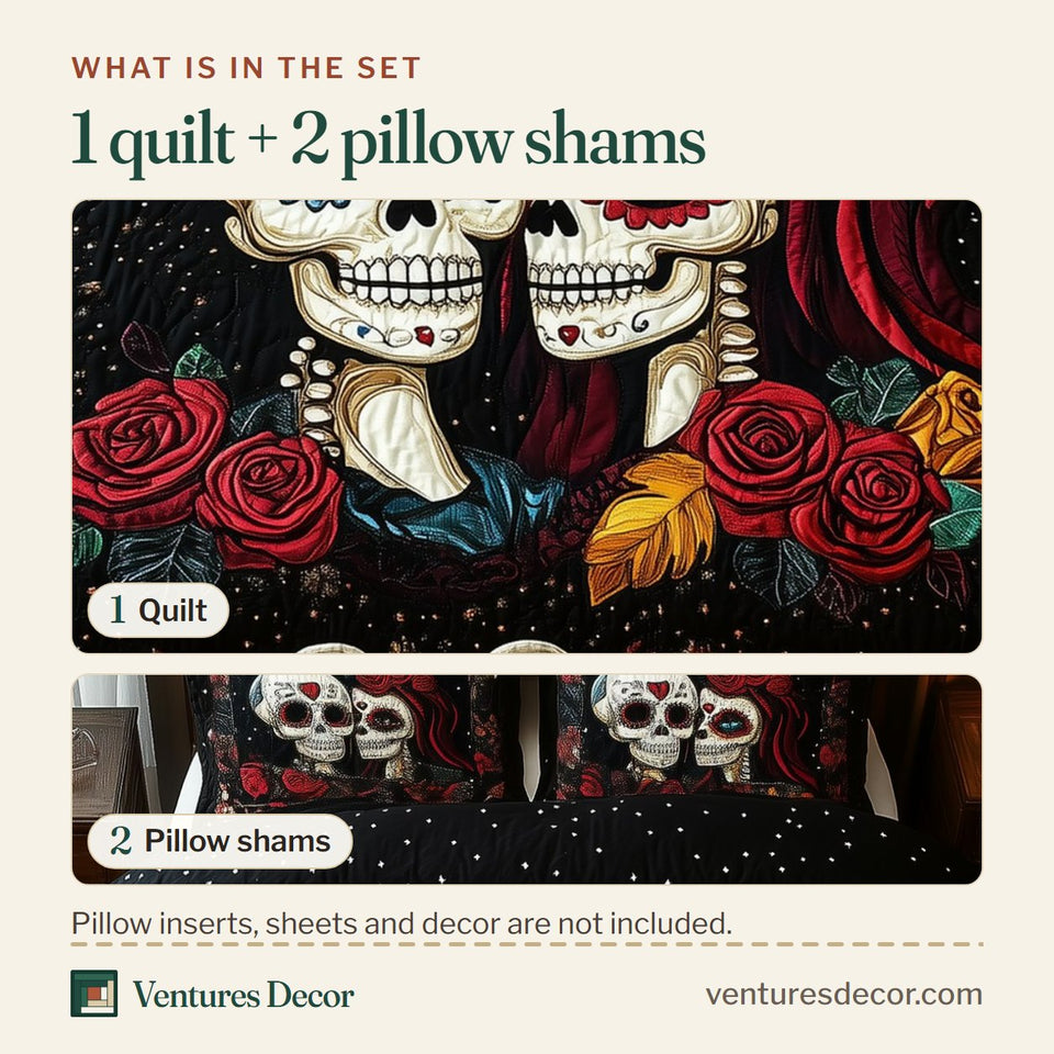 What is in the set: one quilt and two pillow shams, shown in the Sugar Skull Couple Gold Trim Red Roses design