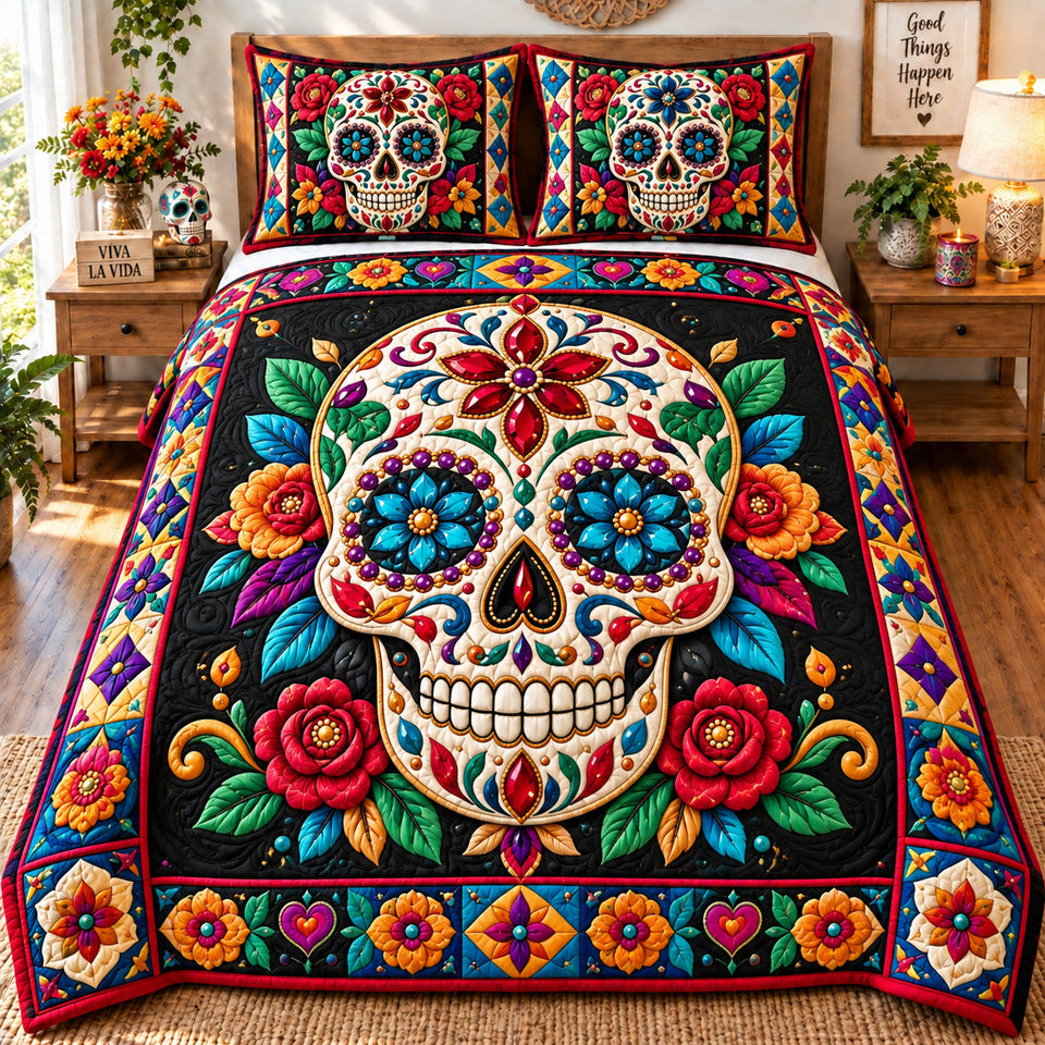 Sugar Skull Fiesta quilted bedding set, quilt and two pillow shams on a made bed