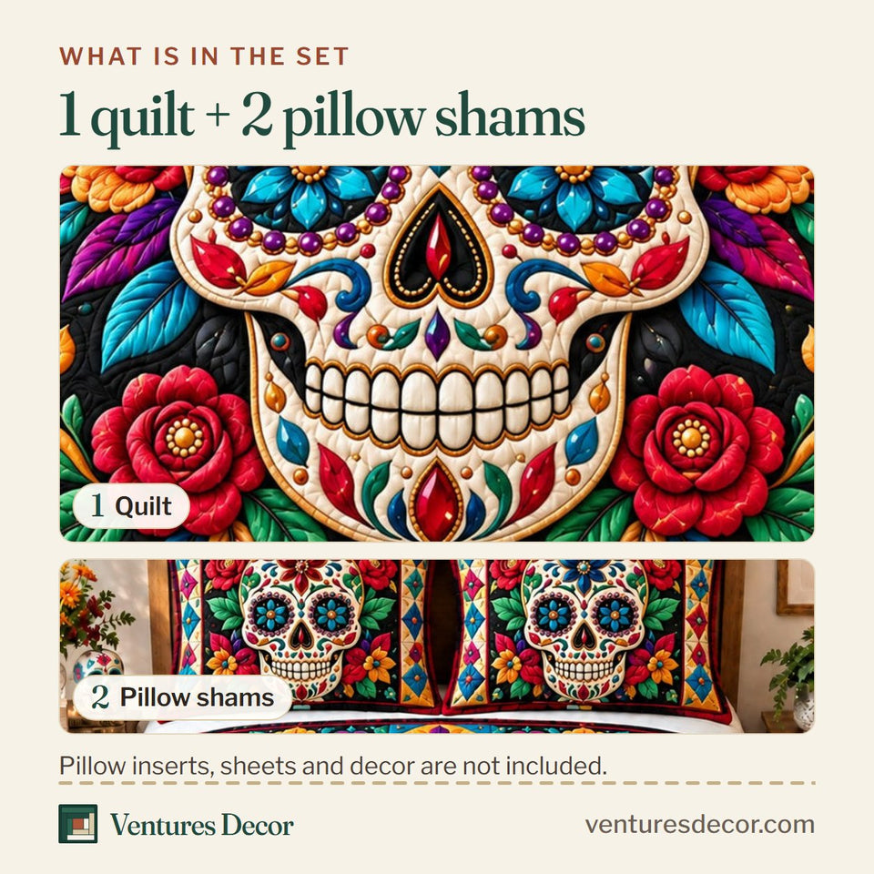 What is in the set: one quilt and two pillow shams, shown in the Sugar Skull Fiesta design