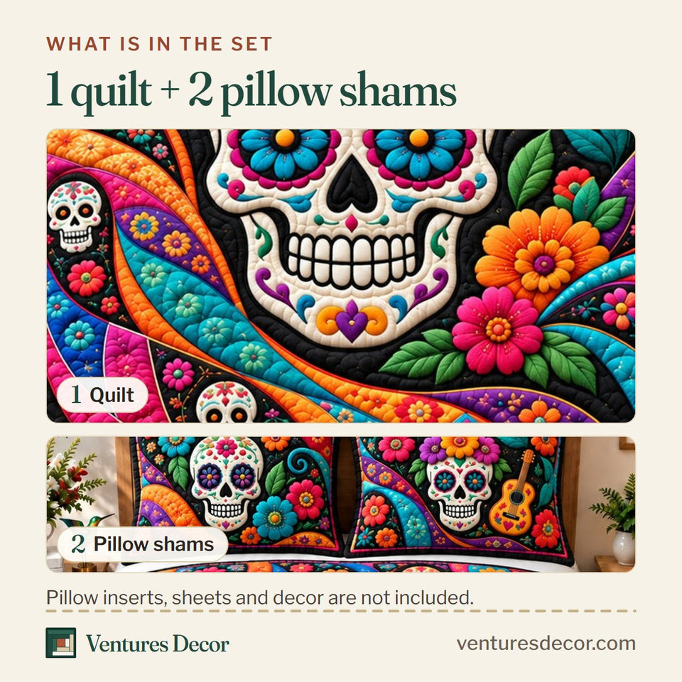 What is in the set: one quilt and two pillow shams, shown in the Sugar Skull Mosaic design