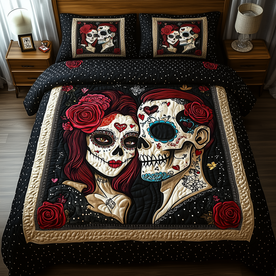 Sugar Skull Sweethearts quilted bedding set, quilt and two pillow shams on a made bed