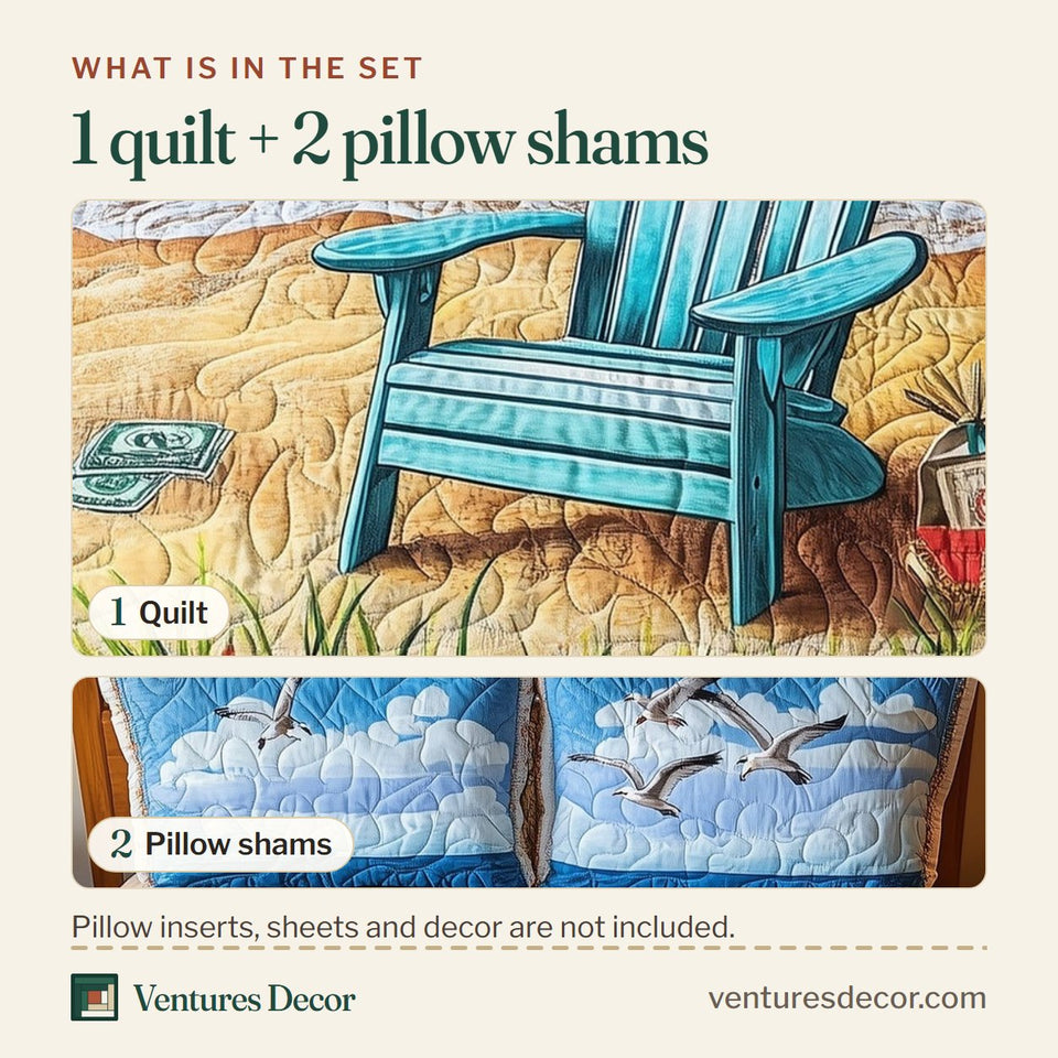 What is in the set: one quilt and two pillow shams, shown in the Summer Breeze Beach Chair design