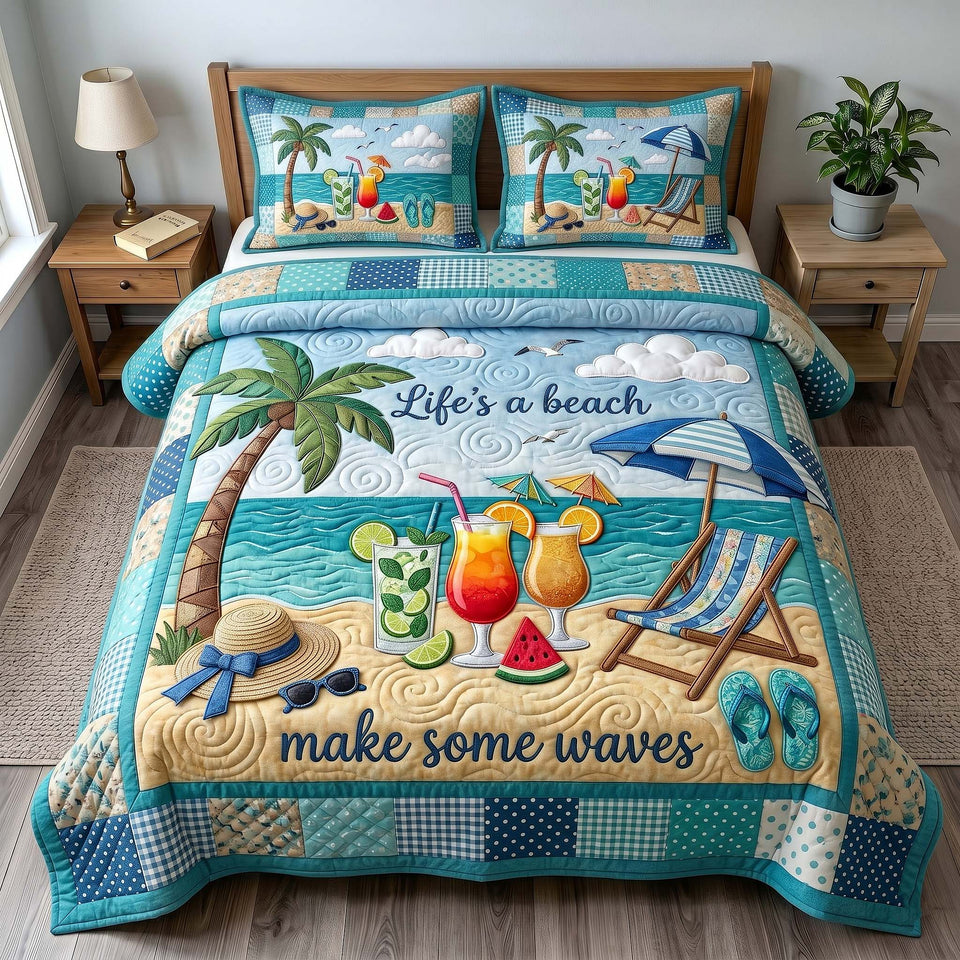 Summer Escape Cocktails and Beach Chair quilted bedding set, quilt and two pillow shams on a made bed