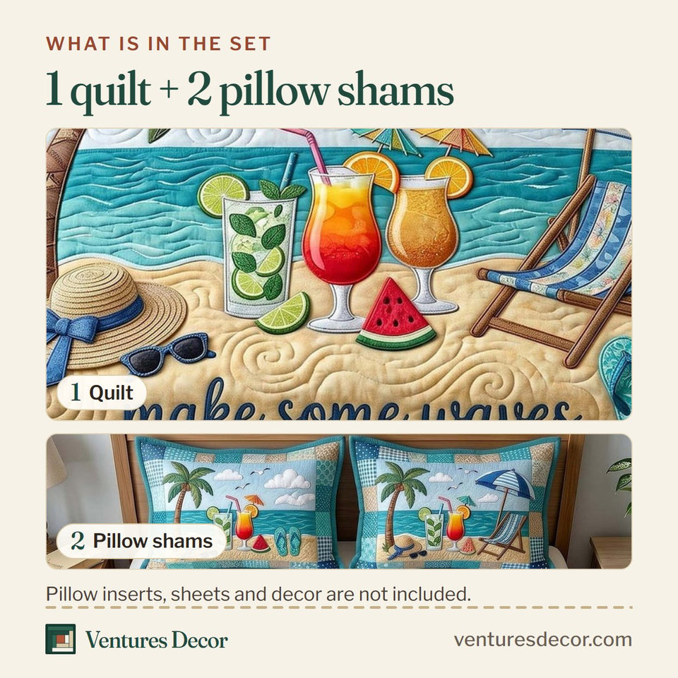 What is in the set: one quilt and two pillow shams, shown in the Summer Escape Cocktails and Beach Chair design