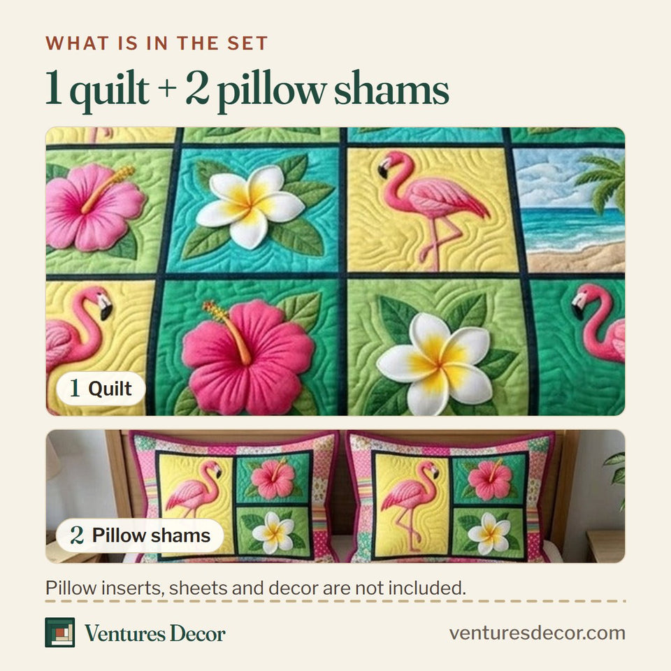 What is in the set: one quilt and two pillow shams, shown in the Summer Escape Flamingo Block Grid design