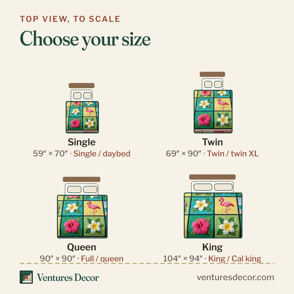 Size guide for the Summer Escape Flamingo Block Grid quilt, top view to scale: Single 59 x 70 in, Twin 69 x 90 in, Queen 90 x 90 in, King 104 x 94 in