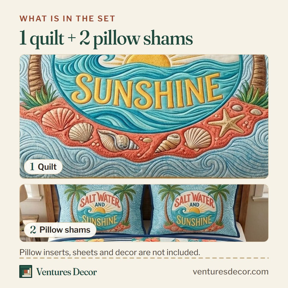 What is in the set: one quilt and two pillow shams, shown in the Summer Escape Salt Water Sunshine Oval design