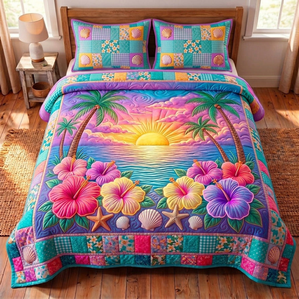 Summer Hibiscus Sunset Palm Row quilted bedding set, quilt and two pillow shams on a made bed