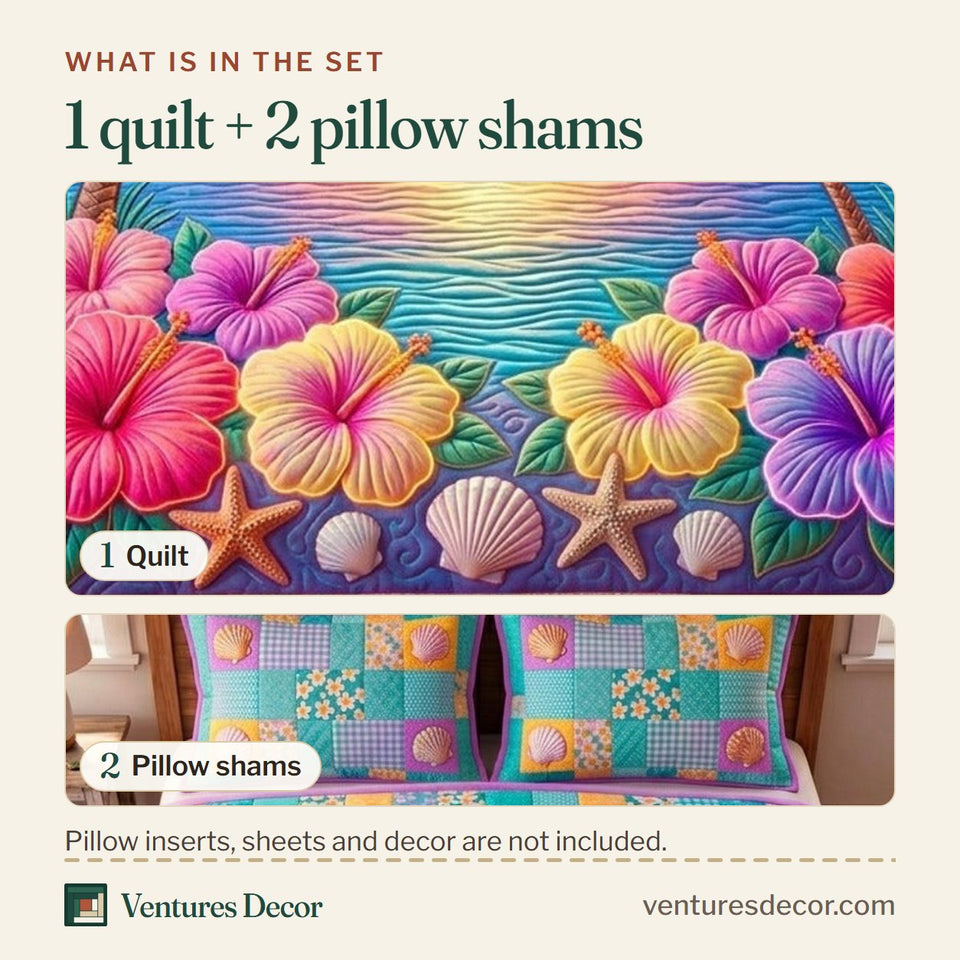 What is in the set: one quilt and two pillow shams, shown in the Summer Hibiscus Sunset Palm Row design