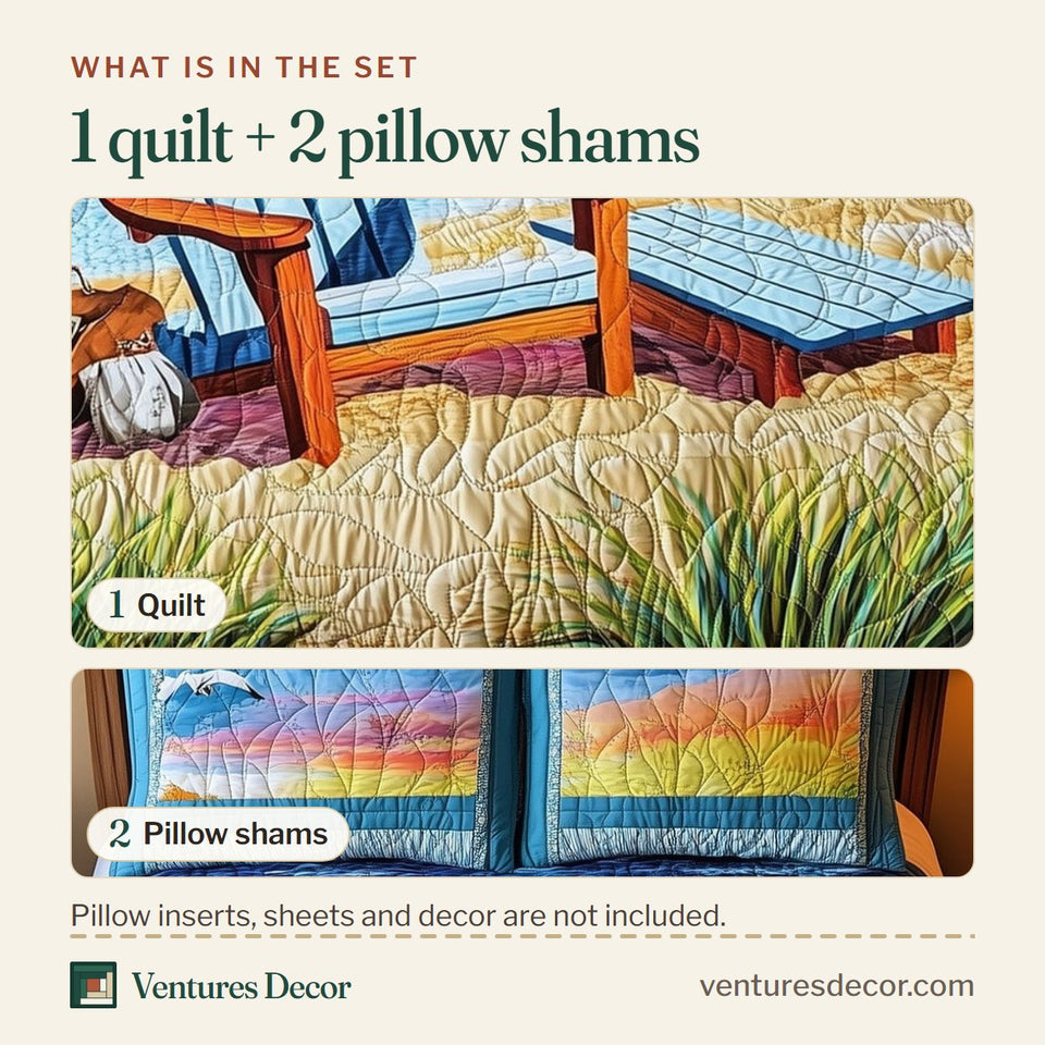What is in the set: one quilt and two pillow shams, shown in the Summer Is Calling Chair and Books in the Dunes design