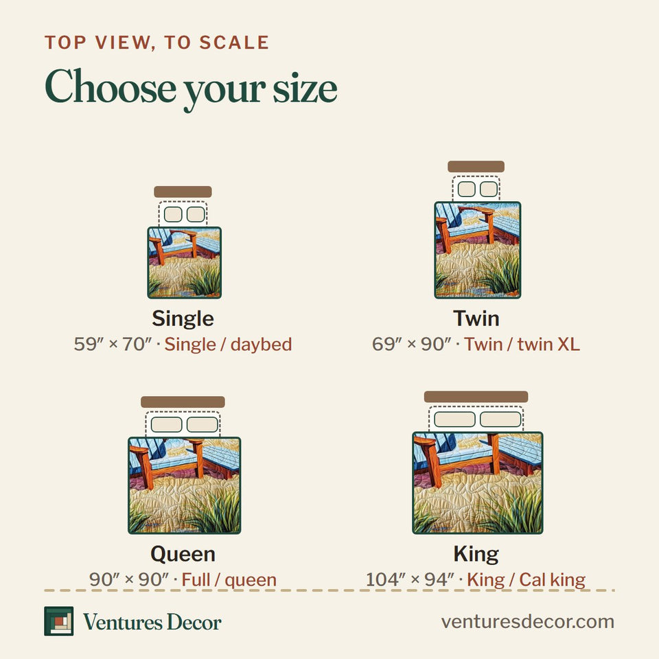 Size guide for the Summer Is Calling Chair and Books in the Dunes quilt, top view to scale: Single 59 x 70 in, Twin 69 x 90 in, Queen 90 x 90 in, King 104 x 94 in
