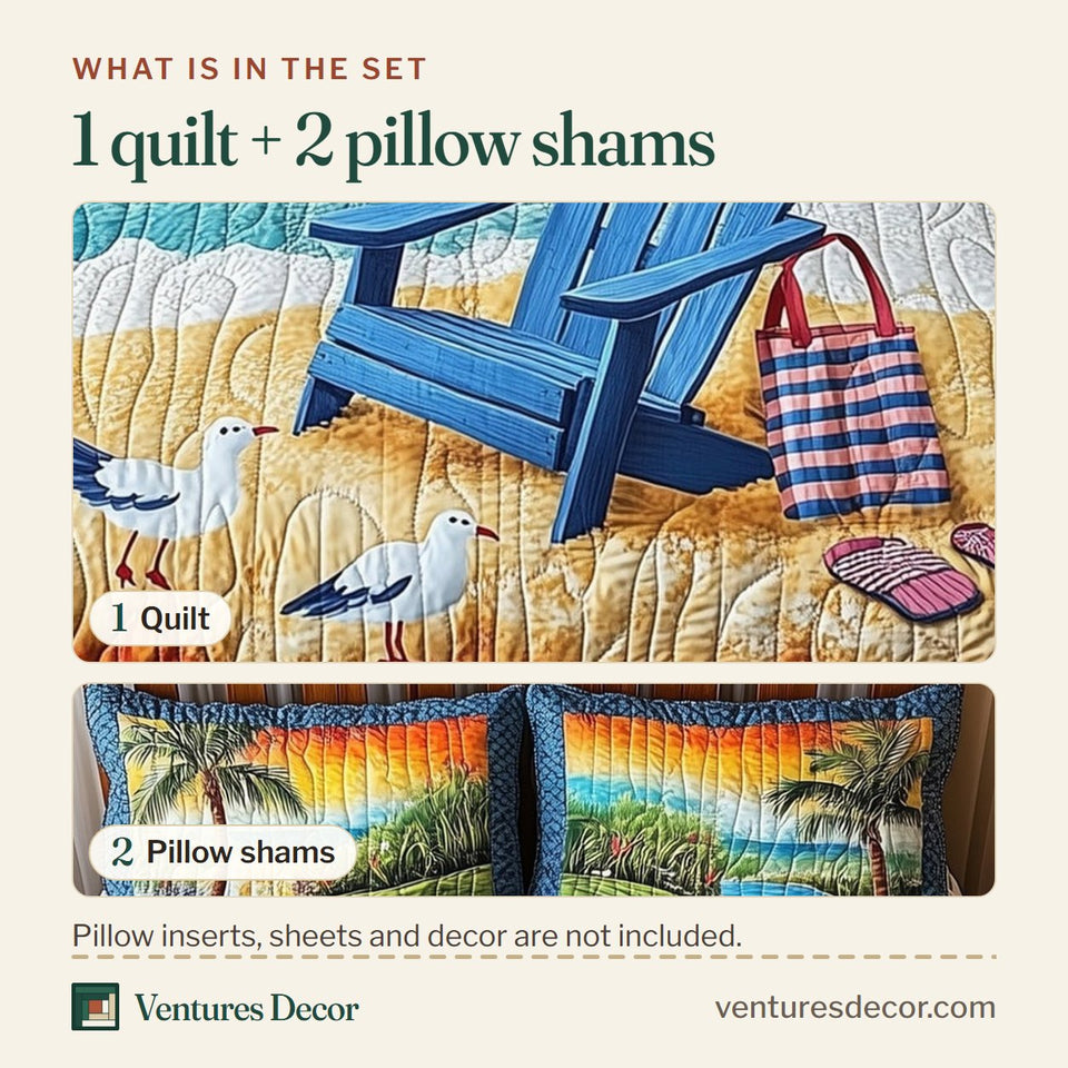 What is in the set: one quilt and two pillow shams, shown in the Summer Is Calling Rainbow Sunset Stripes design