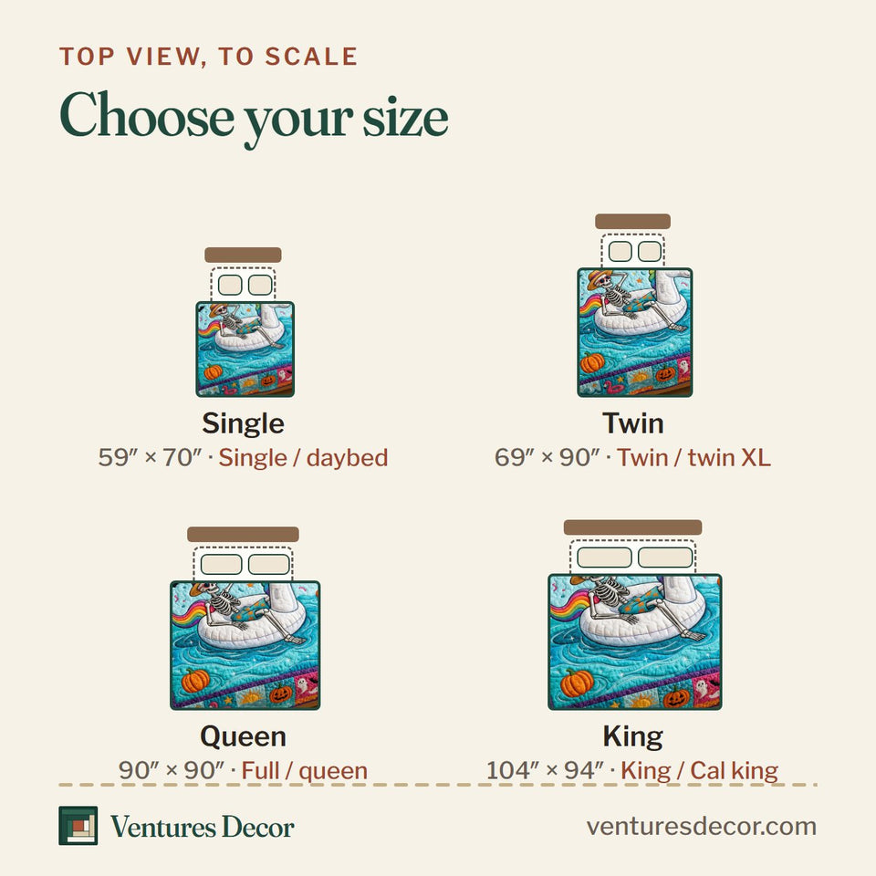 Size guide for the Summerween Pool Float Party quilt, top view to scale: Single 59 x 70 in, Twin 69 x 90 in, Queen 90 x 90 in, King 104 x 94 in