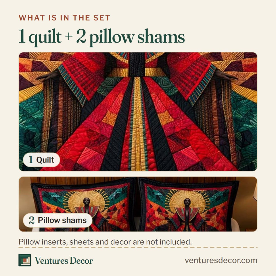 What is in the set: one quilt and two pillow shams, shown in the Sun Empress design