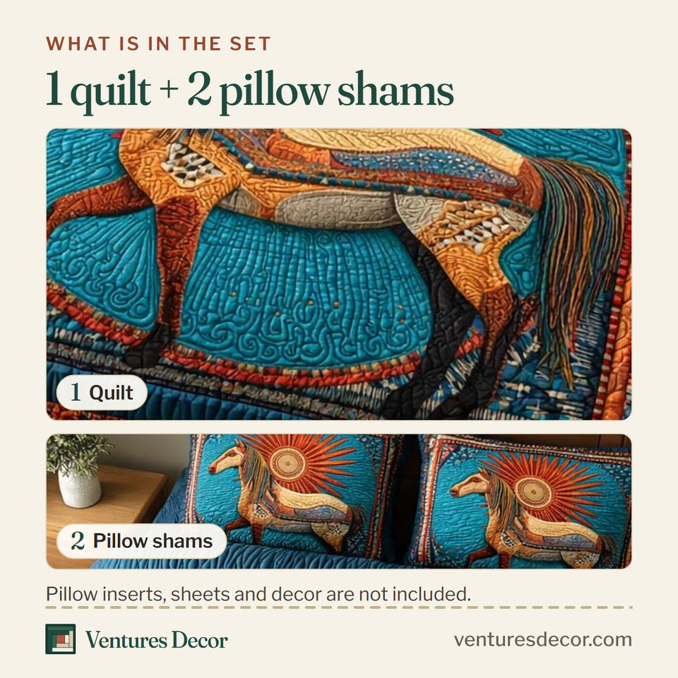 What is in the set: one quilt and two pillow shams, shown in the Sun Horse design