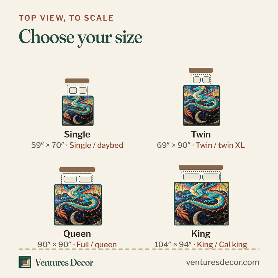 Size guide for the Sun Moon Dragon quilt, top view to scale: Single 59 x 70 in, Twin 69 x 90 in, Queen 90 x 90 in, King 104 x 94 in