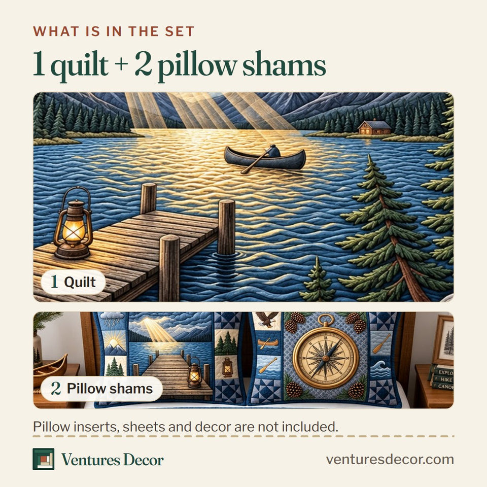 What is in the set: one quilt and two pillow shams, shown in the Sun Rays design
