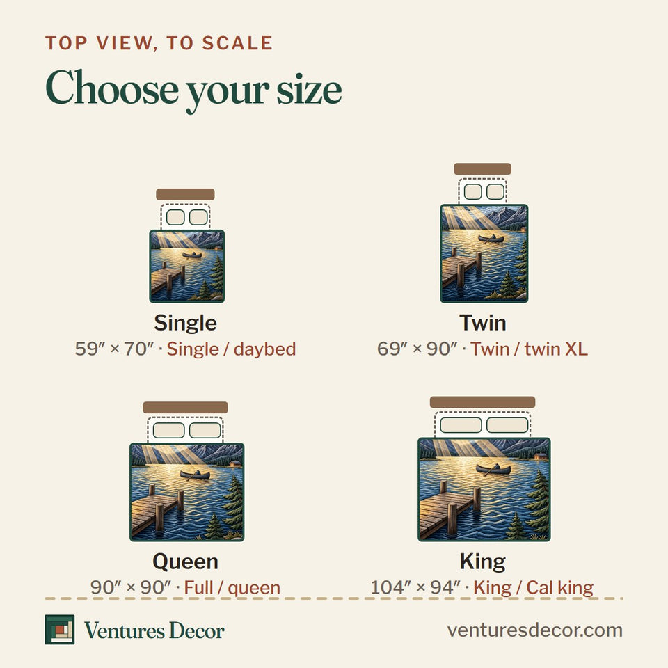 Size guide for the Sun Rays quilt, top view to scale: Single 59 x 70 in, Twin 69 x 90 in, Queen 90 x 90 in, King 104 x 94 in