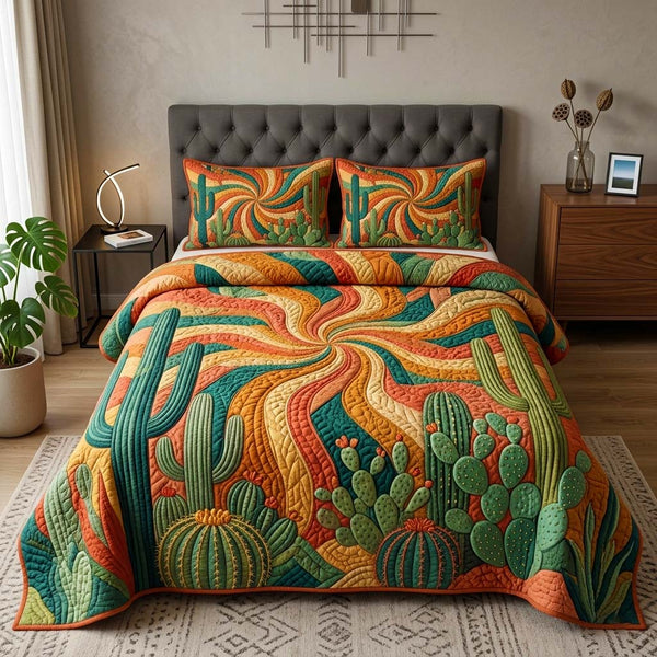 Sunbeam Cactus quilted bedding set, quilt and two pillow shams on a made bed