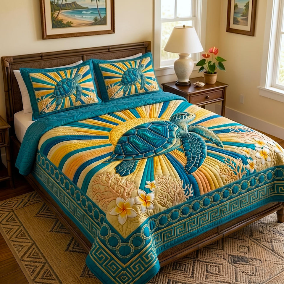 Sunburst Turtle Rays quilted bedding set, quilt and two pillow shams on a made bed