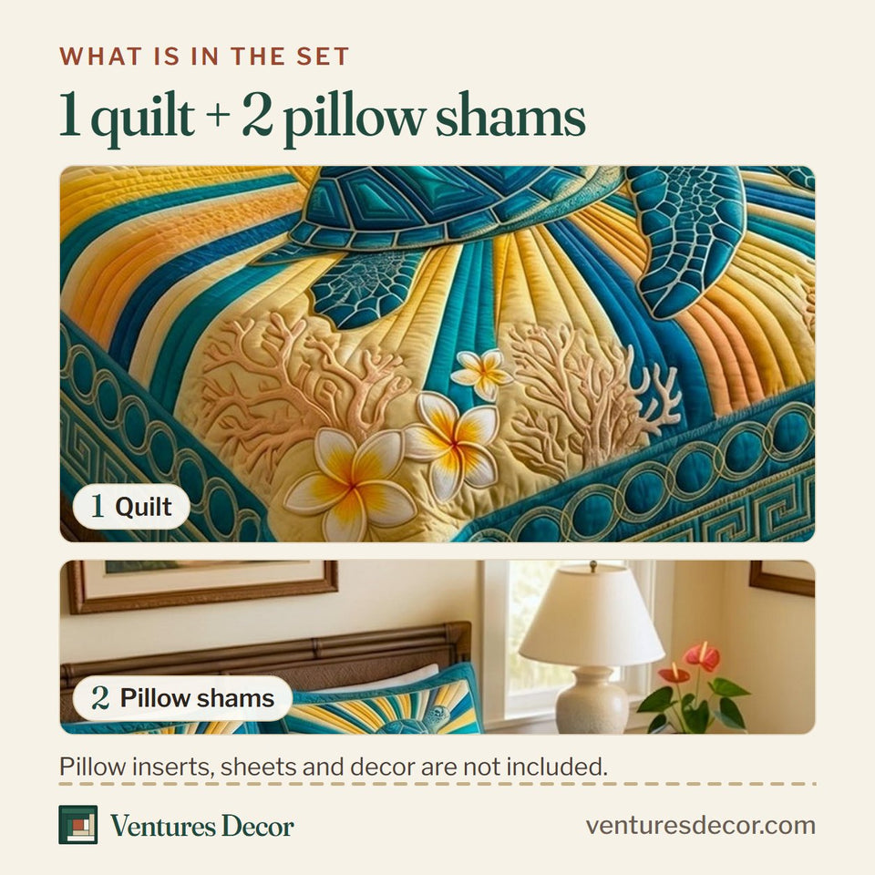 What is in the set: one quilt and two pillow shams, shown in the Sunburst Turtle Rays design