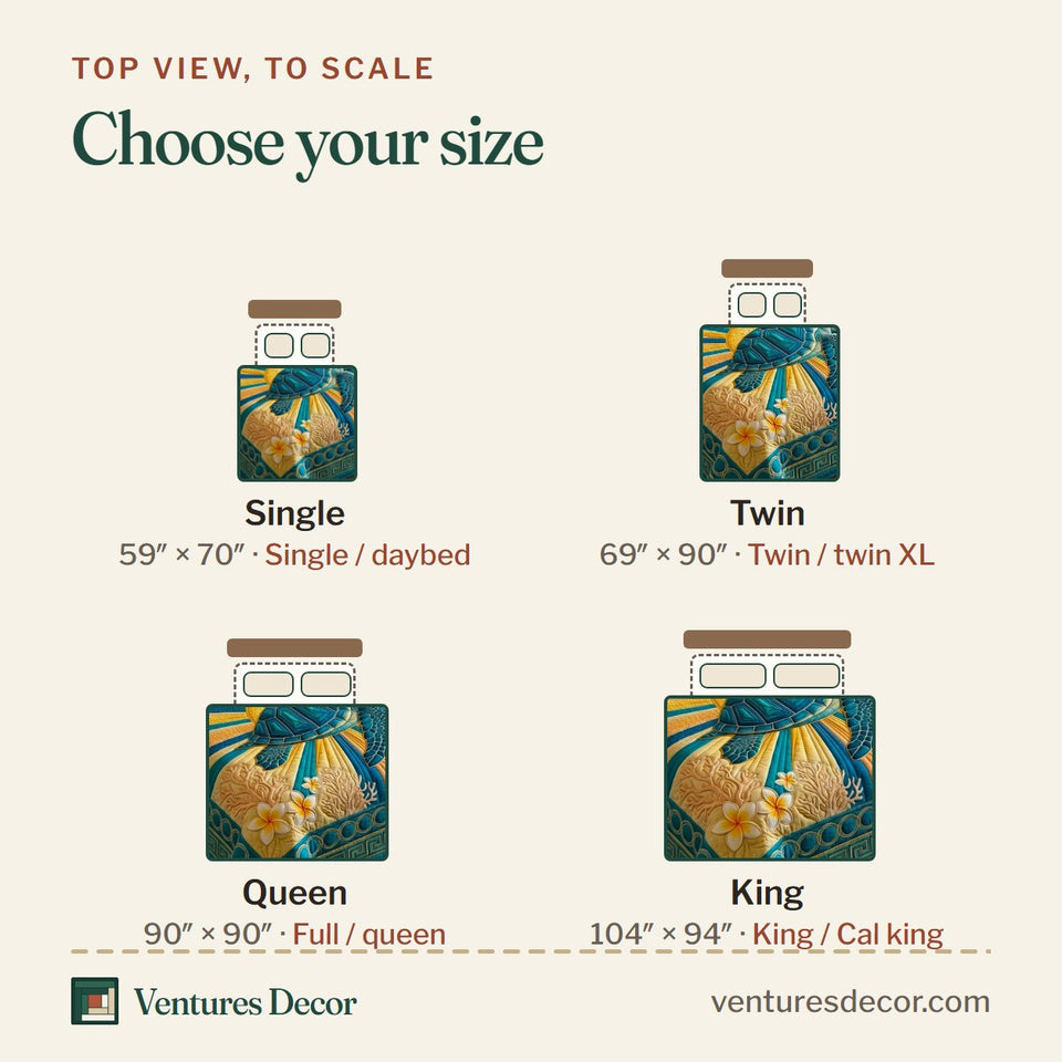 Size guide for the Sunburst Turtle Rays quilt, top view to scale: Single 59 x 70 in, Twin 69 x 90 in, Queen 90 x 90 in, King 104 x 94 in