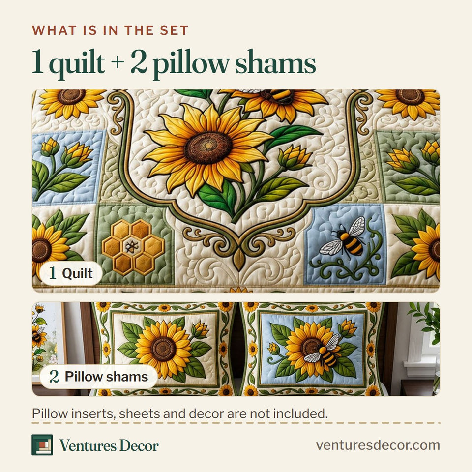 What is in the set: one quilt and two pillow shams, shown in the Sunflower Bee Bumble Bee design