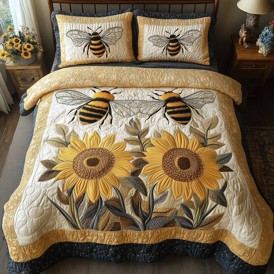 Sunflower Bee Gold Trim Bee Pair quilted bedding set, quilt and two pillow shams on a made bed