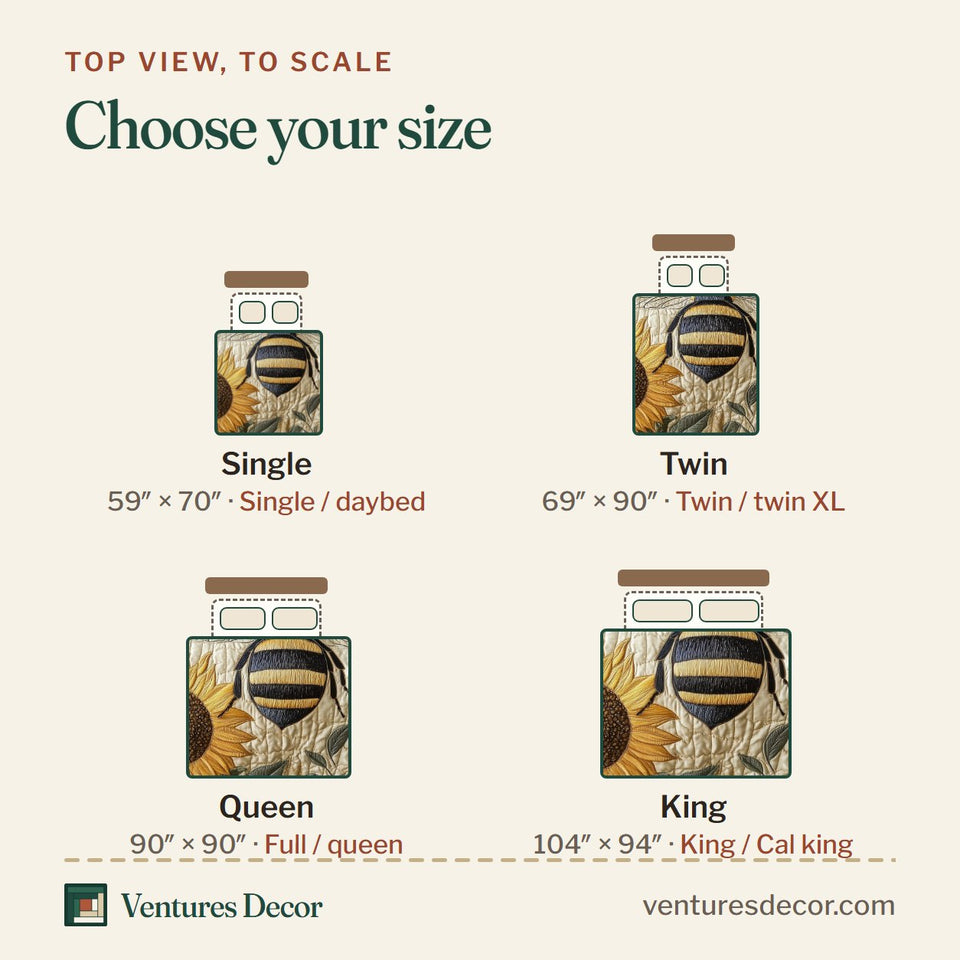Size guide for the Sunflower Bee Pale Wings Navy Edge quilt, top view to scale: Single 59 x 70 in, Twin 69 x 90 in, Queen 90 x 90 in, King 104 x 94 in