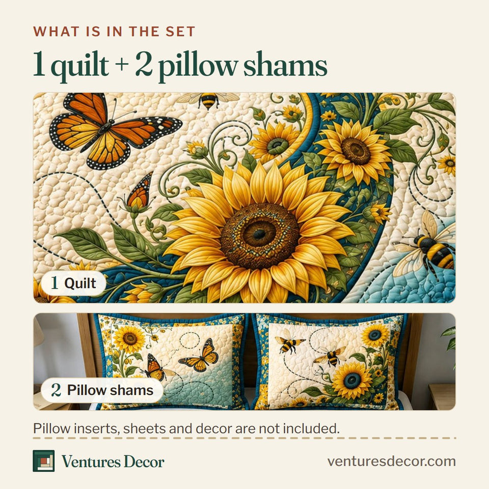 What is in the set: one quilt and two pillow shams, shown in the Sunflower Bee Swirl design