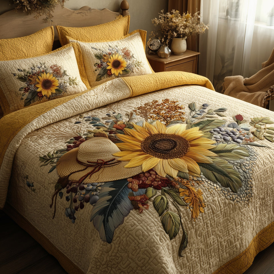 Sunflower Bonnet Bouquet quilted bedding set, quilt and two pillow shams on a made bed